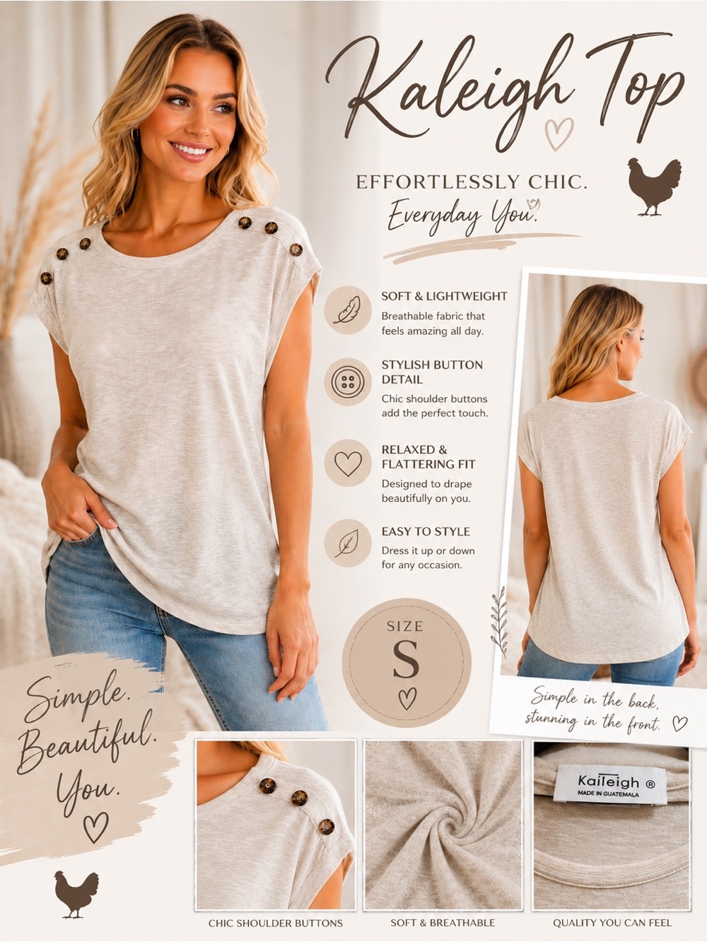 Kaileigh Short Sleeve Button Shoulder Top - Cream